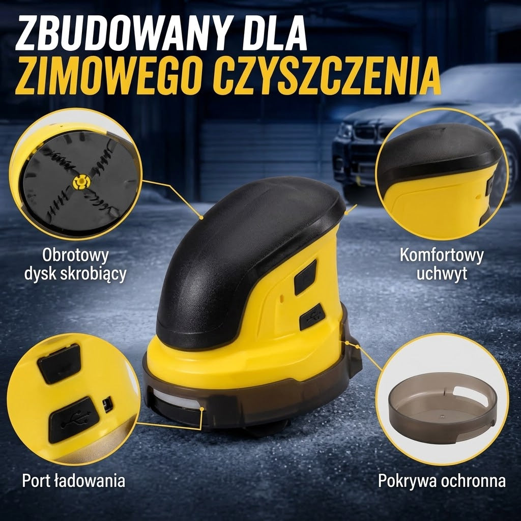 Budowa skrobaczki Szronix: obrotowy dysk, uchwyt, port ładowania, pokrywa ochronna