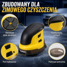 Budowa skrobaczki Szronix: obrotowy dysk, uchwyt, port ładowania, pokrywa ochronna
